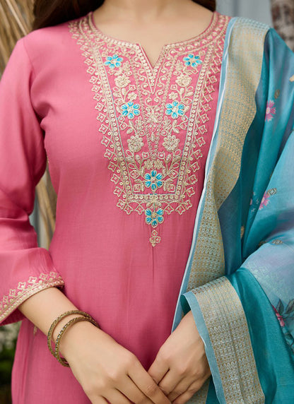 Viscose Pink Casual Wear Embroidery Work Readymade Salwar Suit 387190