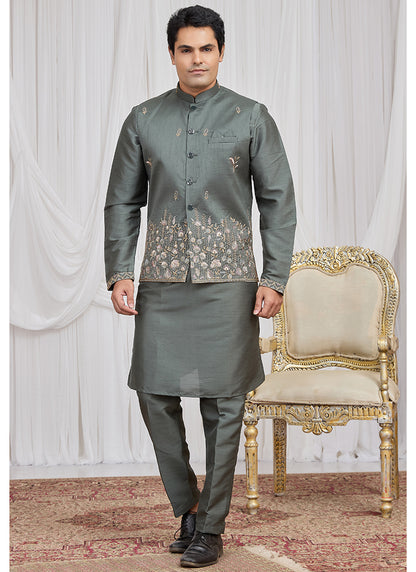 Green Art Banarasi Silk Patten Pcs Festival Wear Readymade Kurta Pajama With Jacket SW292093