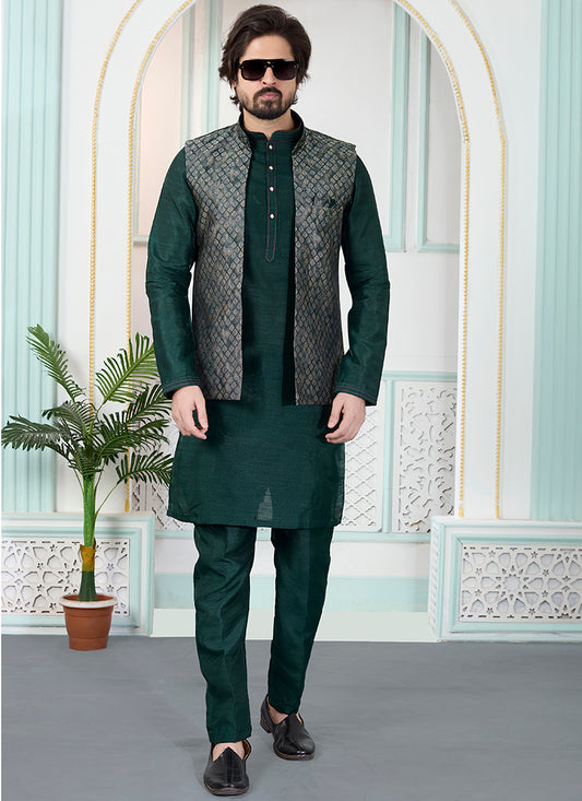 Green Art Banarasi Silk Pintux Wedding Wear Readymade Modi Jacket Kurta Pajama SW364394