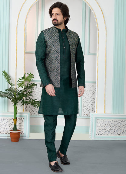 Green Art Banarasi Silk Pintux Wedding Wear Readymade Modi Jacket Kurta Pajama SW364394