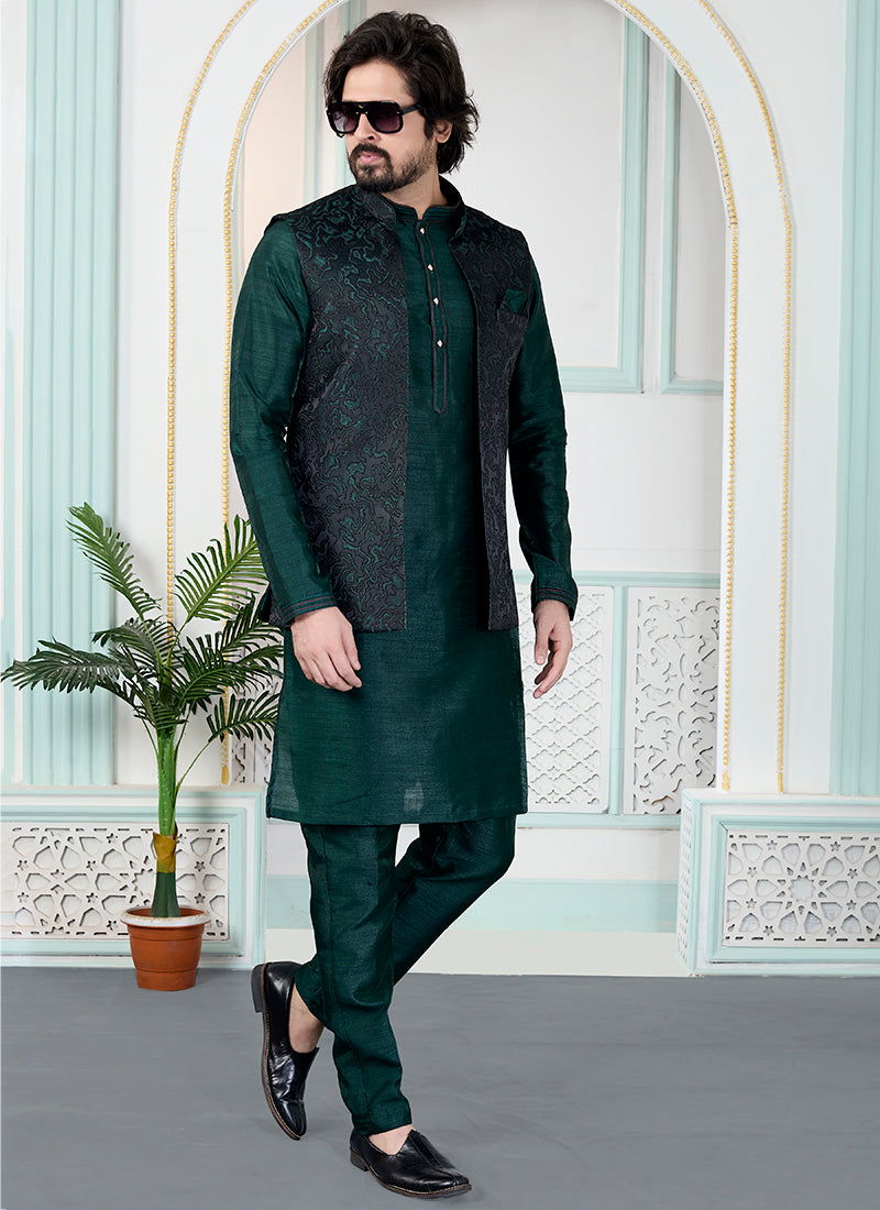 Green Art Banarasi Silk Pintux Wedding Wear Readymade Modi Jacket Kurta Pajama SW825825