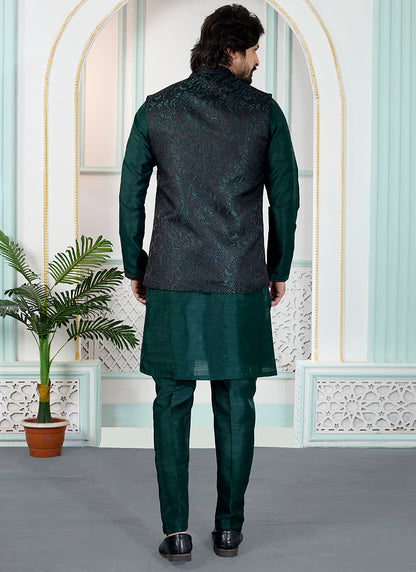 Green Art Banarasi Silk Pintux Wedding Wear Readymade Modi Jacket Kurta Pajama SW825825