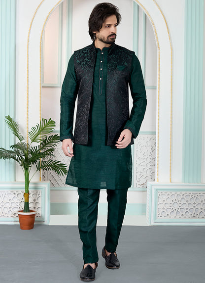 Green Art Banarasi Silk Pintux Wedding Wear Readymade Modi Jacket Kurta Pajama SW825825