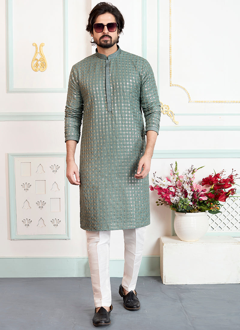 Green Art Silk Pintux Eid Wear Readymade Kurta Pajama SW859306
