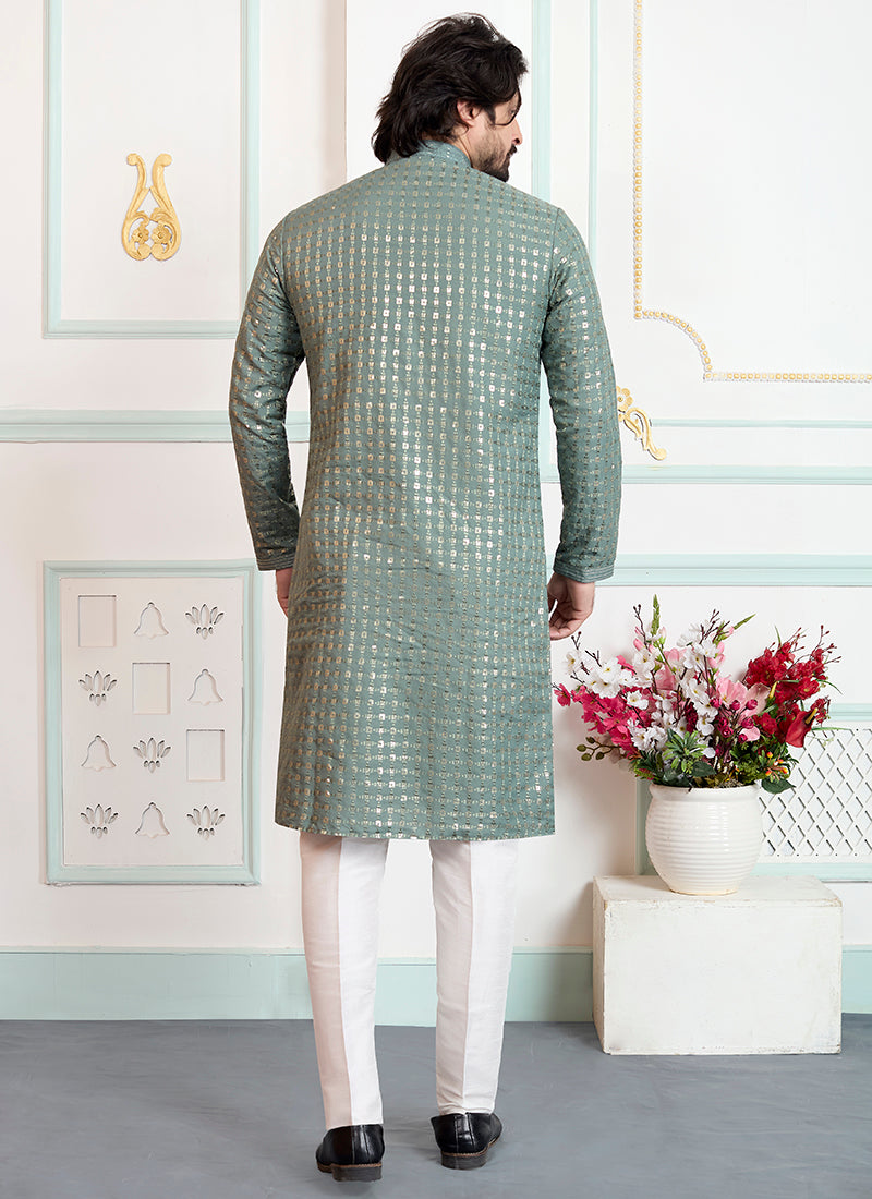 Green Art Silk Pintux Eid Wear Readymade Kurta Pajama SW859306