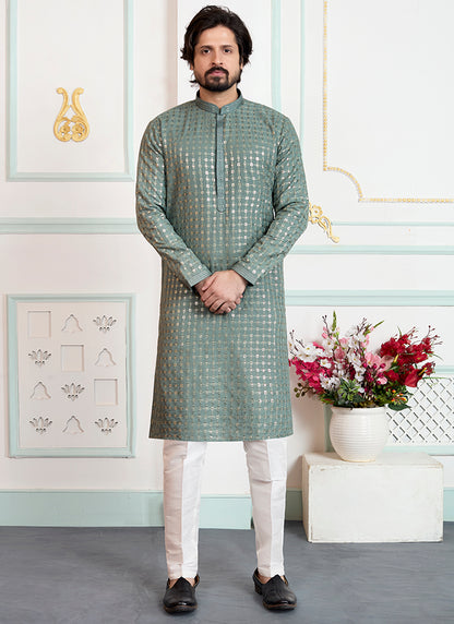 Green Art Silk Pintux Eid Wear Readymade Kurta Pajama SW859306