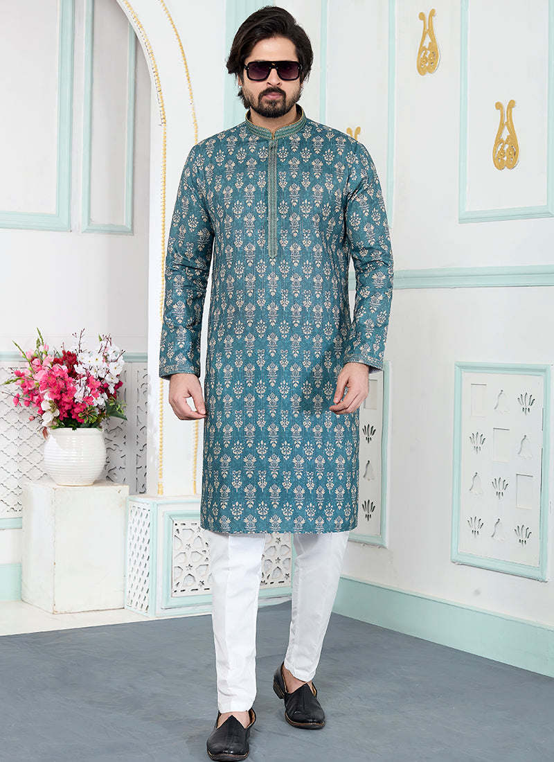Green Art Silk Pintux Eid Wear Readymade Kurta Pajama SW856852