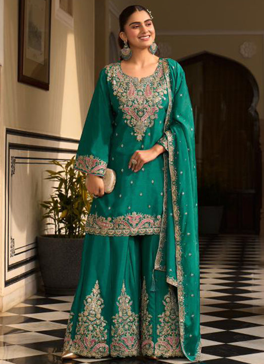 Green Chinon Embroidery Work Occasional Wear Readymade Plazzo Suit SW256684