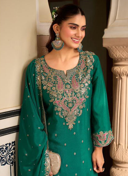 Green Chinon Embroidery Work Occasional Wear Readymade Plazzo Suit SW256684