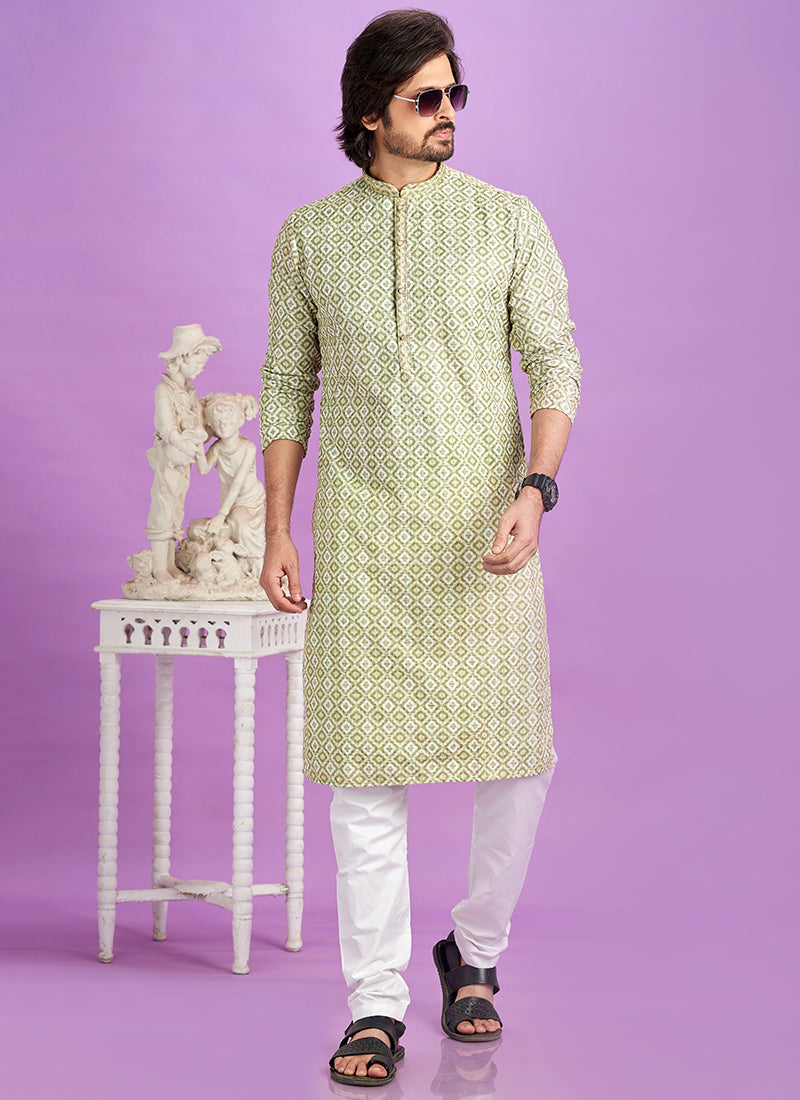Green Cotton Pintux Work Festival Wear Readymade Kurta Pajama SW746002