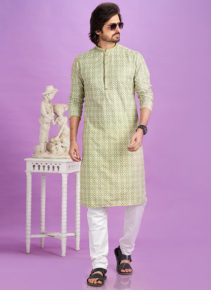 Green Cotton Pintux Work Festival Wear Readymade Kurta Pajama SW746002