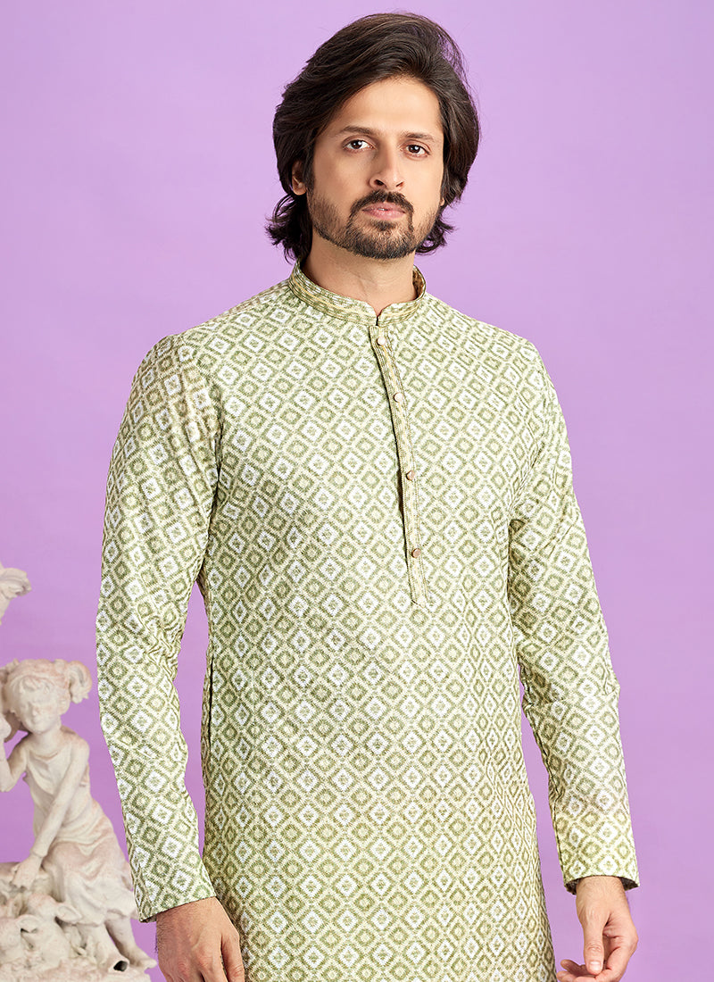 Green Cotton Pintux Work Festival Wear Readymade Kurta Pajama SW746002