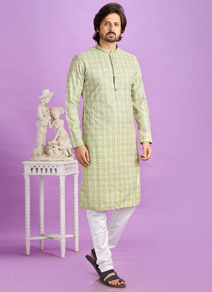 Green Cotton Pintux Work Festival Wear Readymade Kurta Pajama SW746002
