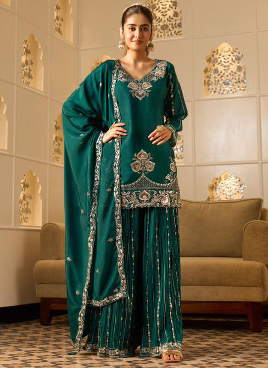 Green Georgette Embroidery Work Occasional Wear Readymade Plazzo Suit SW516191