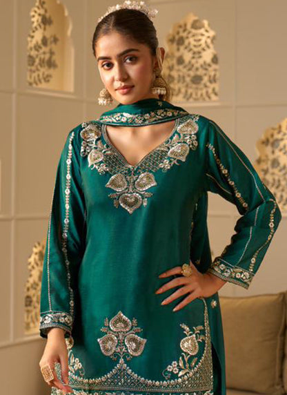 Green Georgette Embroidery Work Occasional Wear Readymade Plazzo Suit SW516191