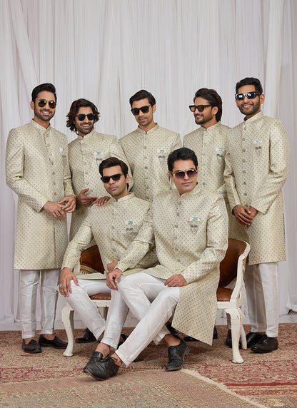 Green Jaquard  Patten Pcs Wedding Wear Readymade Indowestern Suit SW639794