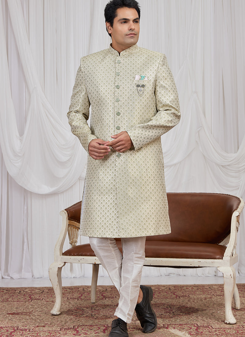 Green Jaquard  Patten Pcs Wedding Wear Readymade Indowestern Suit SW639794