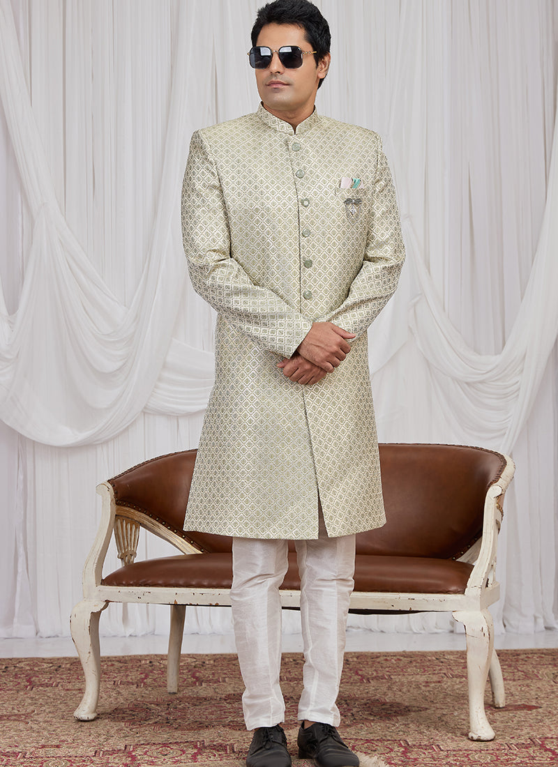 Green Jaquard  Patten Pcs Wedding Wear Readymade Indowestern Suit SW639794