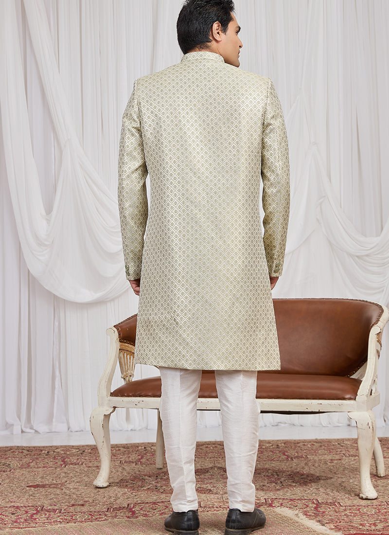 Green Jaquard  Patten Pcs Wedding Wear Readymade Indowestern Suit SW639794