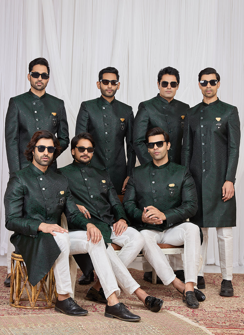 Green Jaquard  Patten Pcs Wedding Wear Readymade Indowestern Suit SW987547