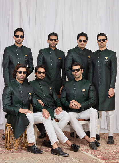 Green Jaquard  Patten Pcs Wedding Wear Readymade Indowestern Suit SW987547