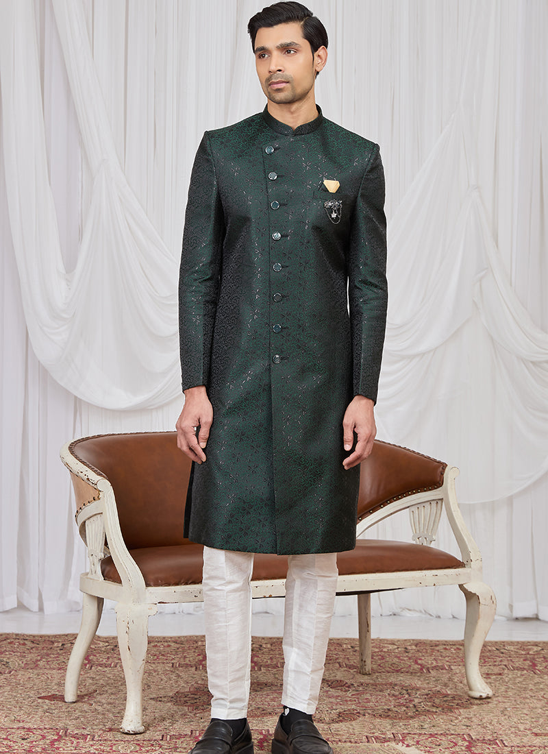 Green Jaquard  Patten Pcs Wedding Wear Readymade Indowestern Suit SW987547