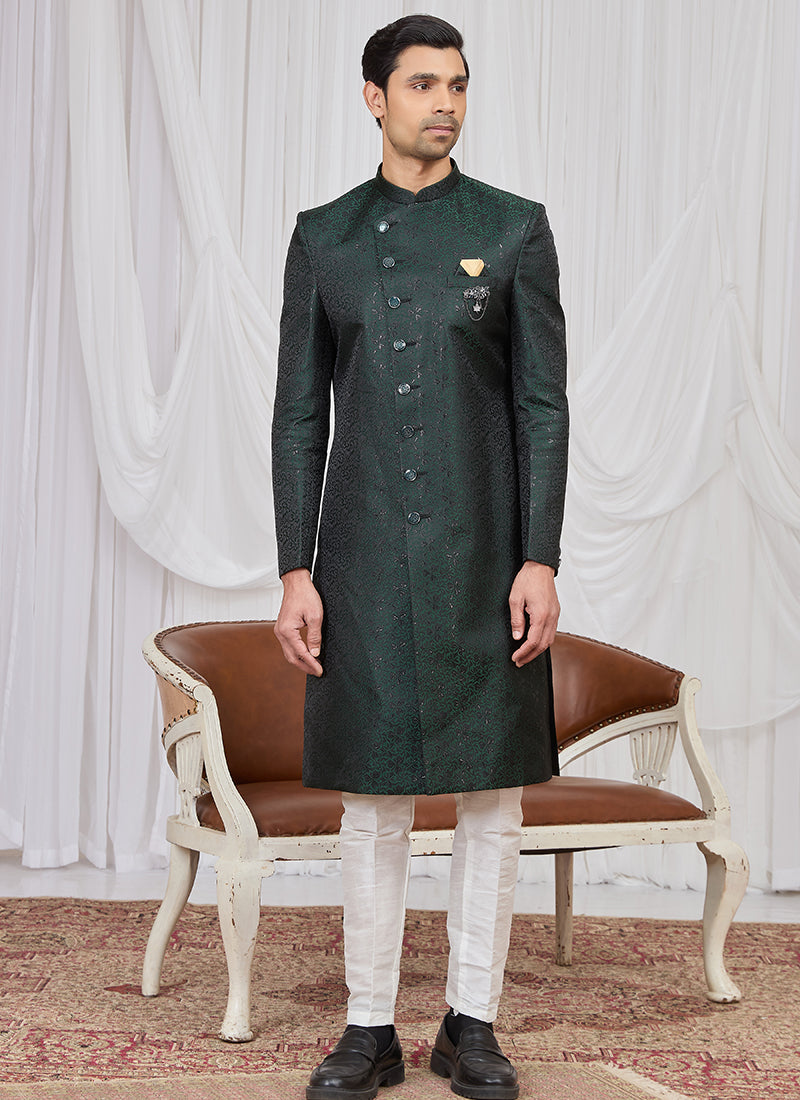 Green Jaquard  Patten Pcs Wedding Wear Readymade Indowestern Suit SW987547