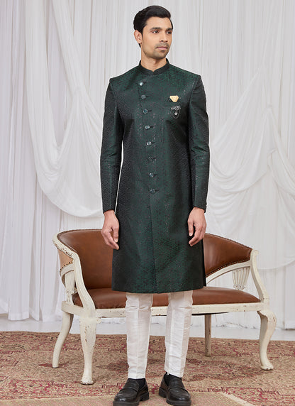 Green Jaquard  Patten Pcs Wedding Wear Readymade Indowestern Suit SW987547