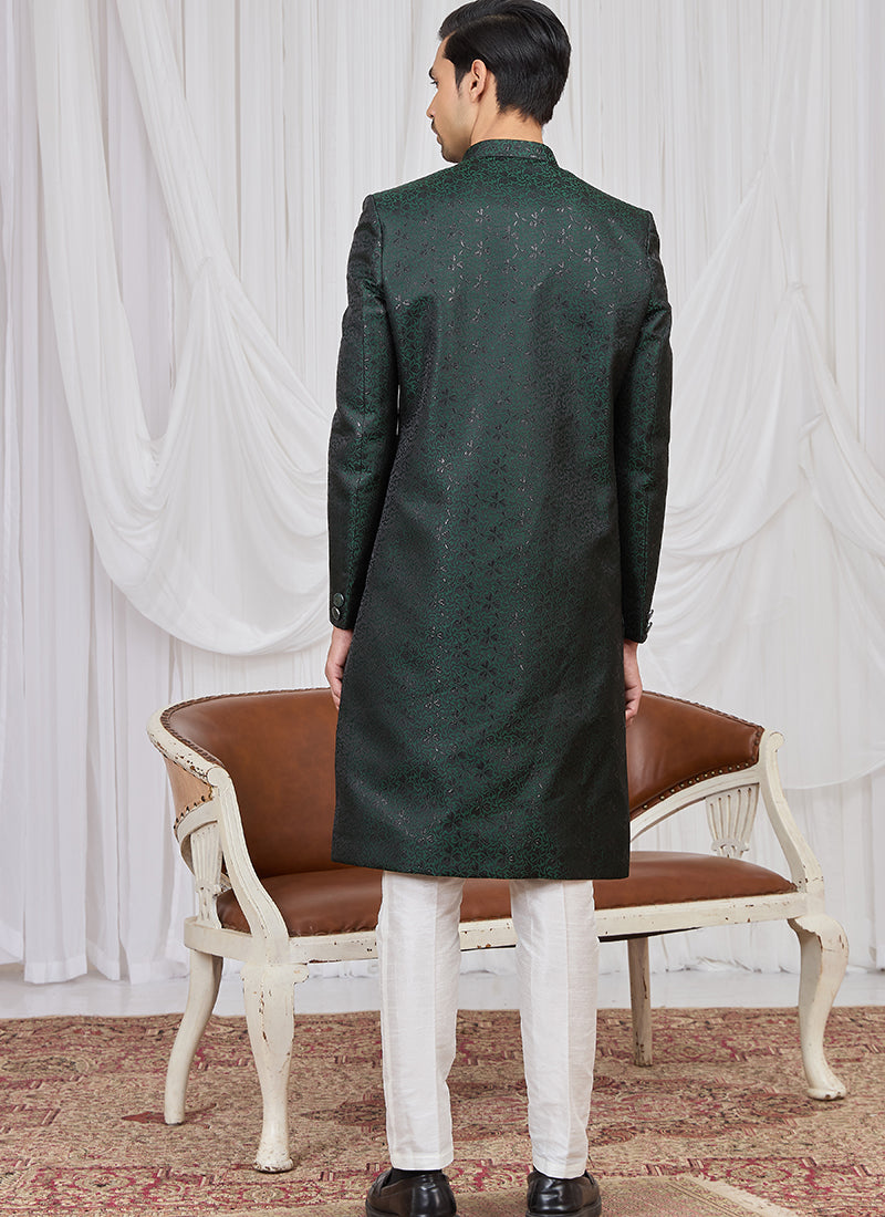 Green Jaquard  Patten Pcs Wedding Wear Readymade Indowestern Suit SW987547