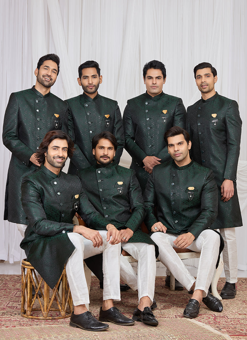 Green Jaquard  Patten Pcs Wedding Wear Readymade Indowestern Suit SW987547