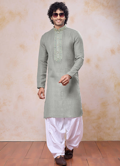 Green Linen Cotton Embroidery Work Occasional Wear Readymade Kurta Pajama SW866948