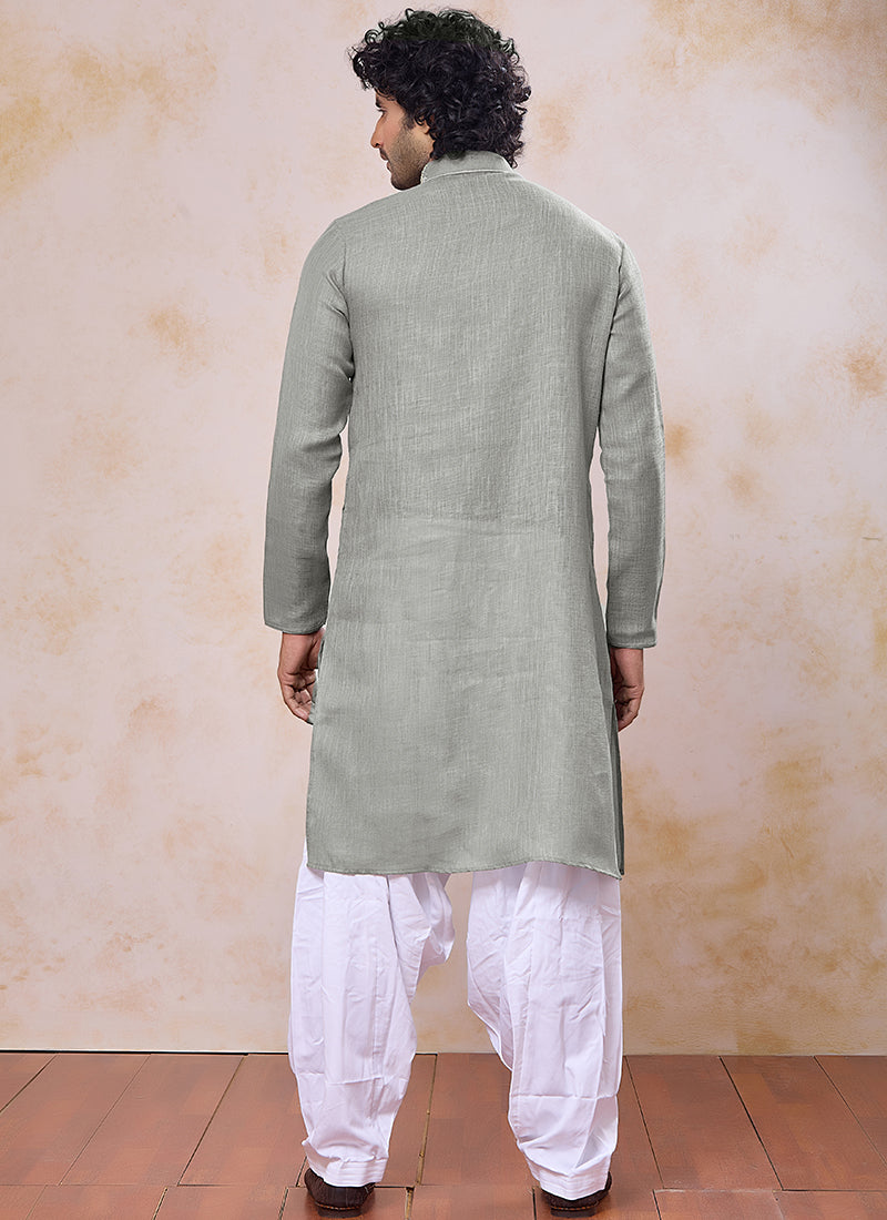 Green Linen Cotton Embroidery Work Occasional Wear Readymade Kurta Pajama SW866948
