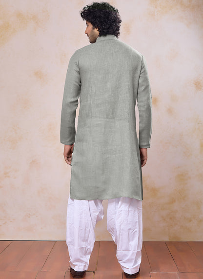 Green Linen Cotton Embroidery Work Occasional Wear Readymade Kurta Pajama SW866948