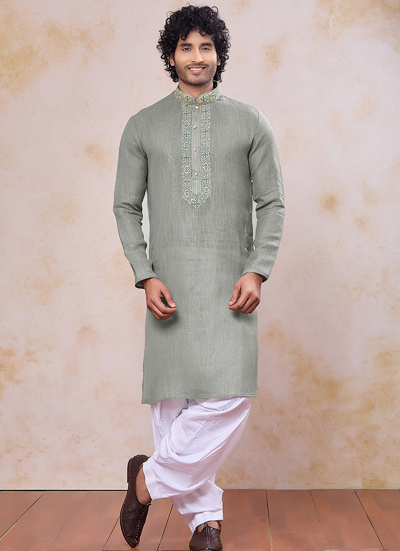 Green Linen Cotton Embroidery Work Occasional Wear Readymade Kurta Pajama SW866948