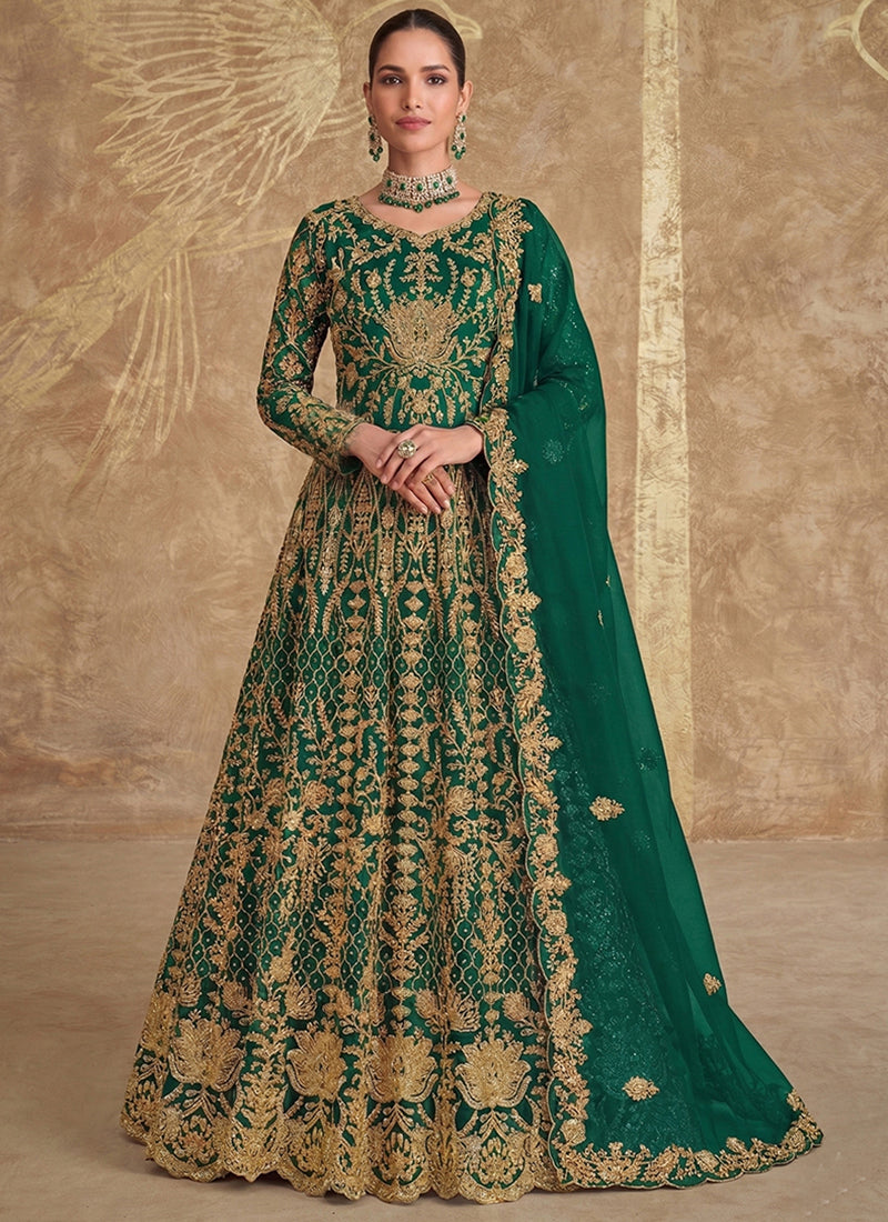 Green Net Embroidery Work Wedding Wear Anarkali Suit SW124428
