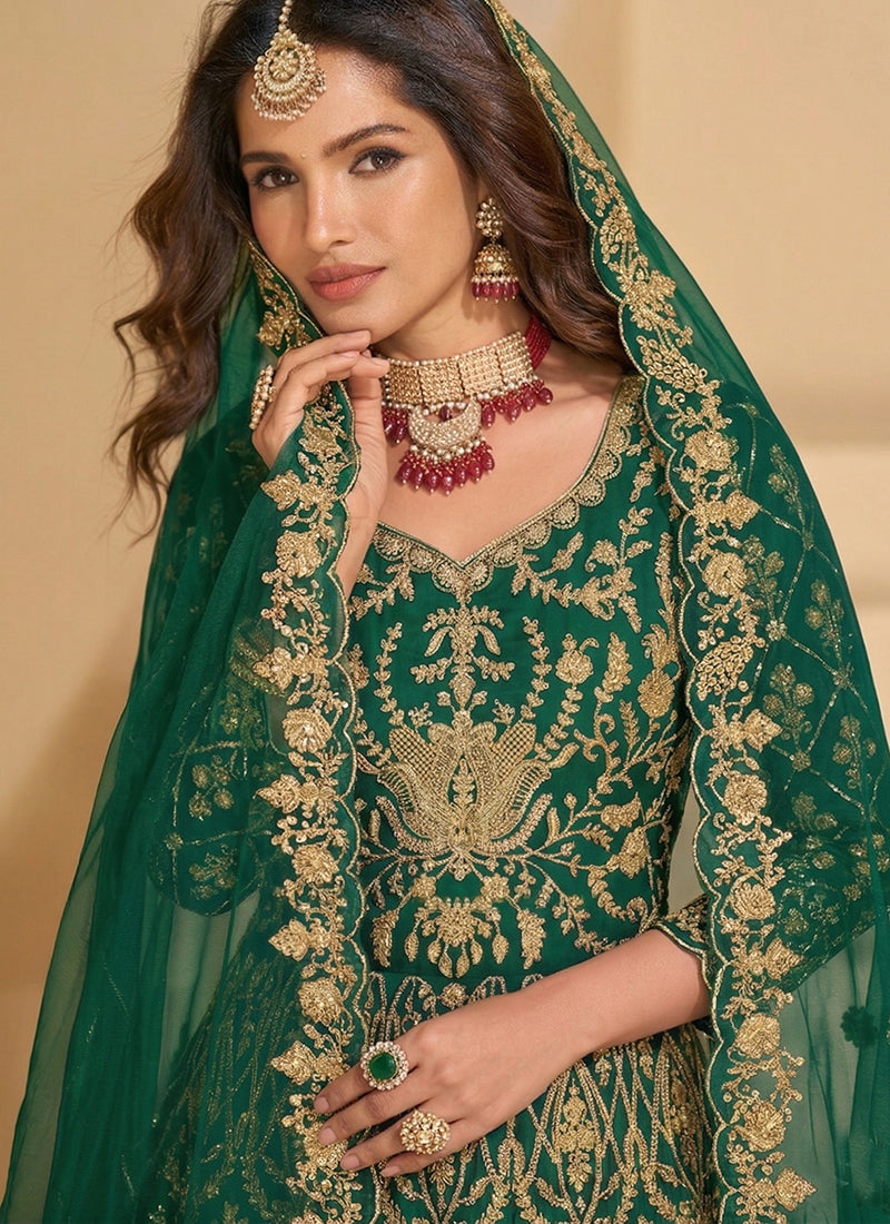 Green Net Embroidery Work Wedding Wear Anarkali Suit SW124428