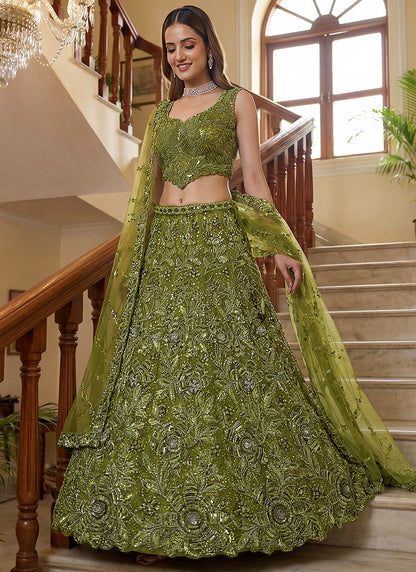 Green Net Thread Work Wedding Wear Lehenga Choli SW981601