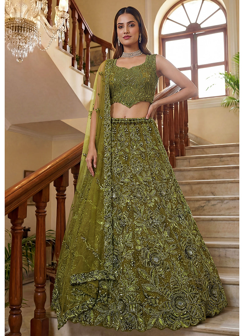 Green Net Thread Work Wedding Wear Lehenga Choli SW981601