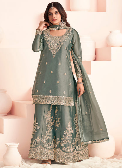 Green Silk Embroidery Work Occasional Wear Readymade Plazzo Suit SW255068