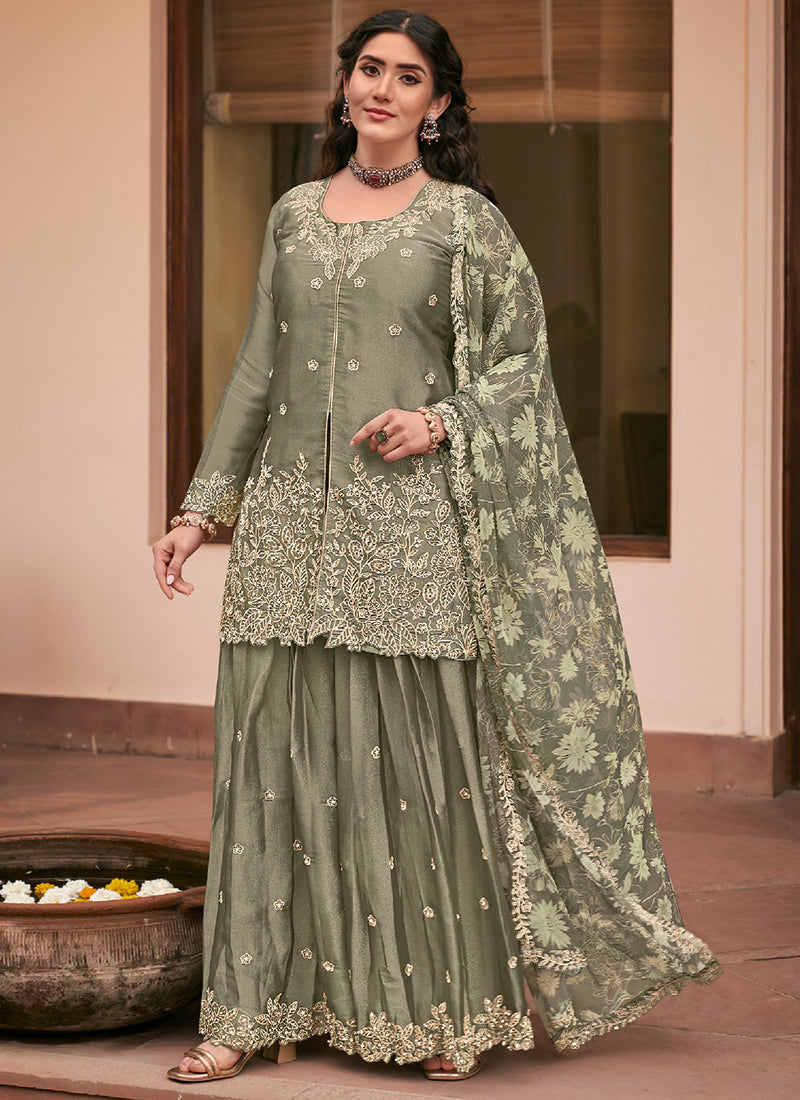 Green Silk Embroidery Work Occasional Wear Readymade Plazzo Suit SW566544
