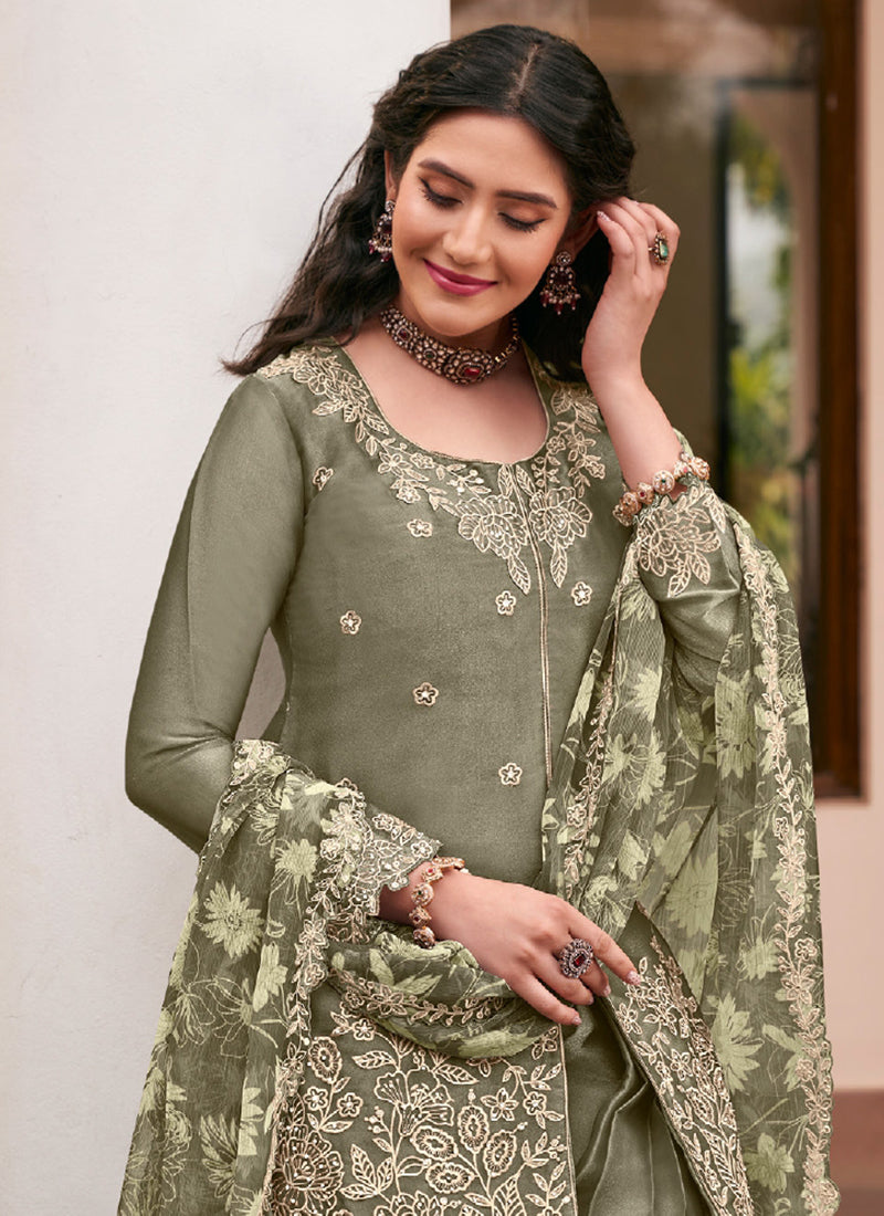 Green Silk Embroidery Work Occasional Wear Readymade Plazzo Suit SW566544