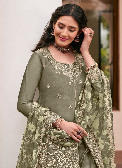 Green Silk Embroidery Work Occasional Wear Readymade Plazzo Suit SW566544