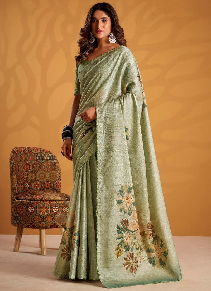 Green Tussar Silk Printed Work Occasional Wear Saree SW116746