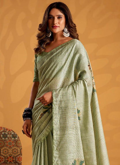 Green Tussar Silk Printed Work Occasional Wear Saree SW116746