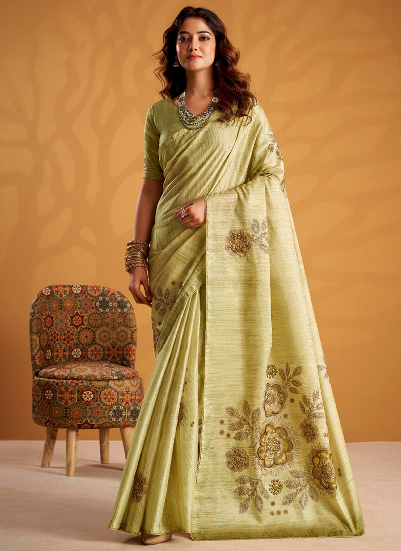 Green Tussar Silk Printed Work Occasional Wear Saree SW954443