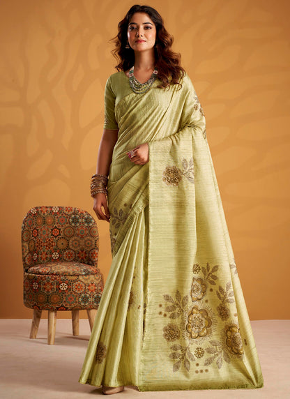Green Tussar Silk Printed Work Occasional Wear Saree SW954443