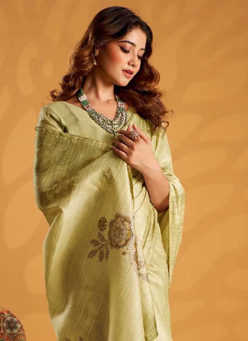 Green Tussar Silk Printed Work Occasional Wear Saree SW954443