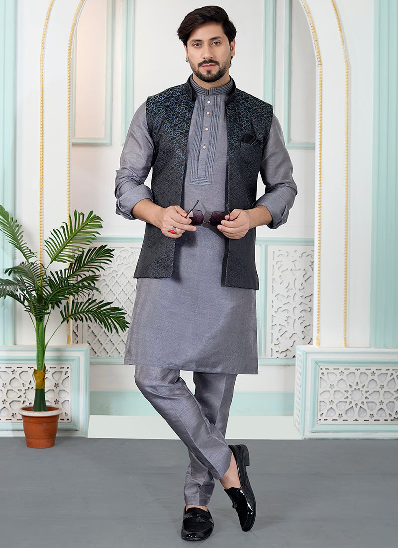 Grey Art Banarasi Silk Pintux Wedding Wear Readymade Modi Jacket Kurta Pajama SW602286