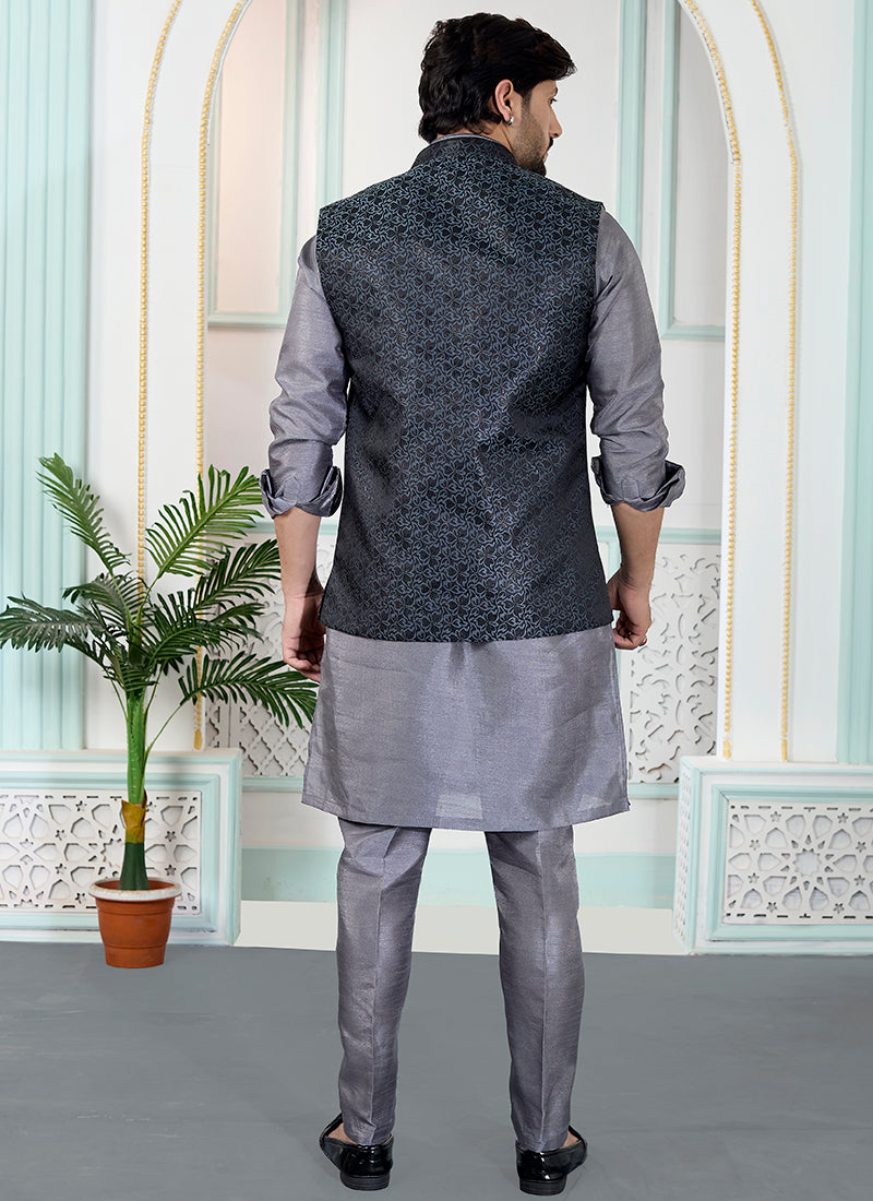 Grey Art Banarasi Silk Pintux Wedding Wear Readymade Modi Jacket Kurta Pajama SW602286