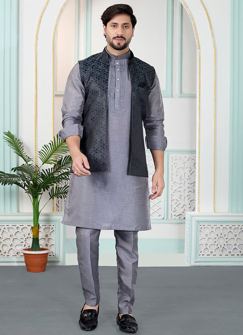 Grey Art Banarasi Silk Pintux Wedding Wear Readymade Modi Jacket Kurta Pajama SW602286